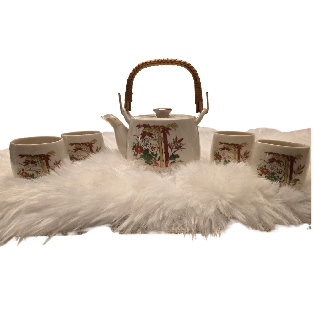 Vintage Japanese Porcelain Tea‎ Set - Red Bamboo & Chrysanthemum - 5 Piece
